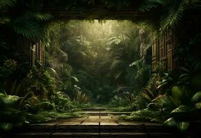 Beautiful jungle background with border made of tropical leaves backdrop with copy space photo