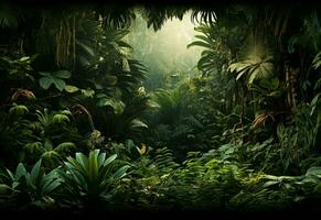 Beautiful jungle background with border made of tropical leaves backdrop with copy space photo