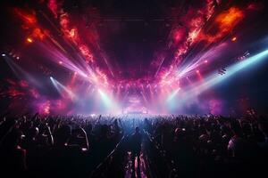 Ai generative Crowded Concert Stage Scenery With Spotlights and Colored Lights realistic image, ultra hd photo