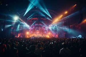 Ai generative Crowded Concert Stage Scenery With Spotlights and Colored Lights realistic image, ultra hd photo