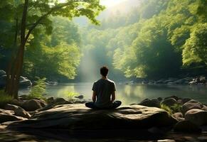 ai generativo foto de un hombre practicando atención plena y meditación en un pacífico natural ambiente sony a7s realista imagen, ultra alta definición, alto diseño muy detallado