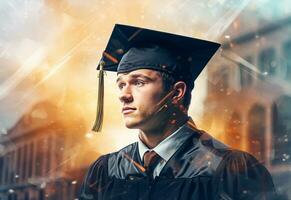 Ai Generative Double exposure photo of Young man with graduation cap technology background realistic image