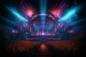 Ai generative Crowded Concert Stage Scenery With Spotlights and Colored Lights realistic image, ultra hd photo