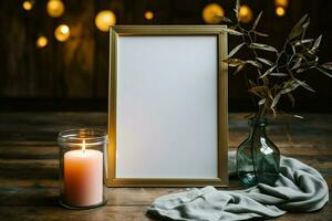 An empty picture frame placed near a candle within a glass jar AI Generated photo