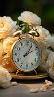 Clock and Ranunculus flowers grace white wooden table timetraveling decor Vertical Mobile Wallpaper AI Generated photo