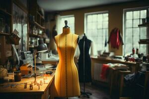 In the fashion studio, a tailors dummy stands adorned with measuring tapes AI Generated photo