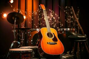 un grabación estudio habitación tararea con musicalidad como un acústico guitarra resuena. ai generado foto