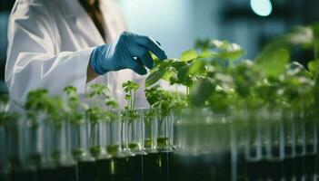 en el laboratorio, científicos mezcla naturaleza y biotecnología mientras estudiando verde plantas ai generado foto