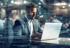 Ai generative double exposure photo of a business man using laptop on his desk front view office background realistic image, ultra hd, high design very detailed