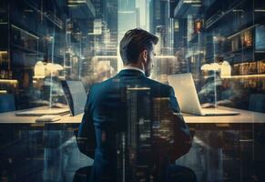 Ai Generative double exposure photo of a business man using laptop on his desk front view office background