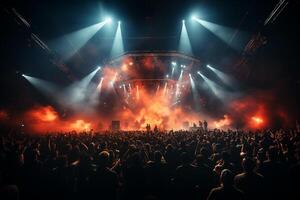 Ai generative Crowded Concert Stage Scenery With Spotlights and Colored Lights realistic image, ultra hd photo