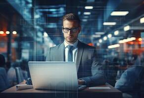 Ai generative double exposure photo of a business man using laptop on his desk front view office background realistic image, ultra hd, high design very detailed
