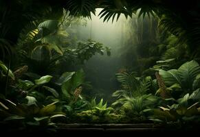 Ai Generative Beautiful jungle background with border made of tropical leaves backdrop with copy space photo