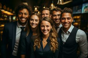 ai generativo grupo de contento negocio hombre y negocio mujer, vestido en trajes son sonriente, en el oficina foto