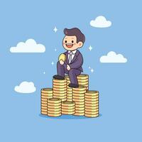 Businessman with stacks of coins cartoon vector illustration