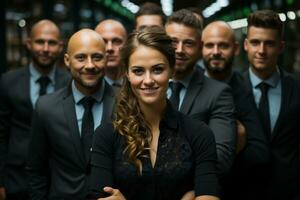 Ai Generative group of happy business man and business women, dressed in suits are smiling, in the office photo