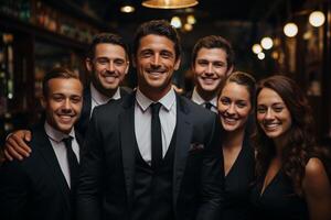 Ai Generative group of happy business man and business women, dressed in suits are smiling, in the office photo