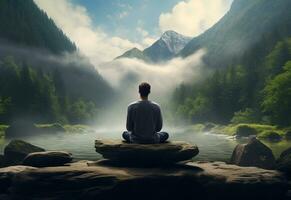 ai generative photo of a man practicing mindfulness and meditation in a peaceful natural environment sony A7s realistic image, ultra hd, high design very detailed