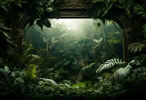 Ai Generative Beautiful jungle background with border made of tropical leaves backdrop with copy space photo