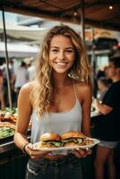 Adventurous solo traveler tasting local sandwiches at a bustling street food festival photo