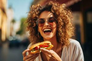 Adventurous solo traveler tasting local sandwich isolated on a vibrant street festival gradient background photo