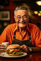 Elderly man enjoying burger at retro diner background with empty space for text photo