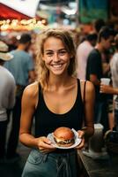 Adventurous solo traveler tasting local sandwiches at a bustling street food festival photo