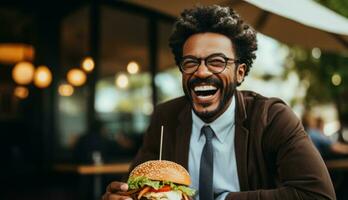 Career woman savoring gourmet burger on lunch break isolated on gradient background photo