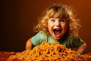 joven niño deleitando en pasta cena aislado en un calentar degradado antecedentes foto