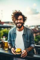 Hipster man savoring craft burger on urban rooftop background with empty space for text photo