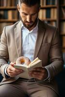 joven adulto leyendo un libro comiendo rosquilla en café antecedentes con vacío espacio para texto foto