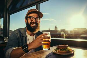 Hipster man relishing a craft burger at rooftop bar isolated on a gradient background photo