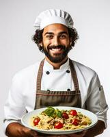 Digital freelancer relishing traditional pasta dish isolated on a white background photo