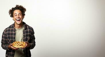 College student savoring pizza during study break isolated on a white background photo