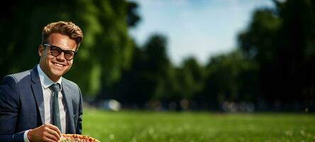 Corporate executive having pizza in city park isolated on a gradient background photo