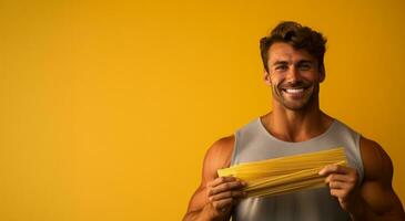 Fitness enthusiast consuming post workout pasta isolated on a health bar gradient background photo