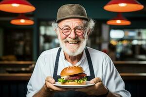 Elderly man relishing a burger meal at retro diner isolated on a white background photo