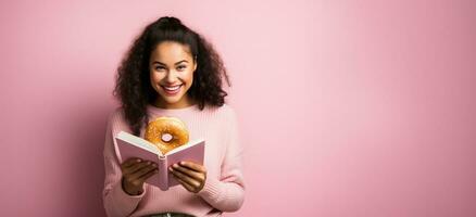 joven adulto leyendo mientras comiendo rosquilla en café aislado en un degradado antecedentes foto