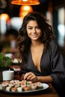 Millennial woman enjoying sushi in urban restaurant background with empty space for text photo