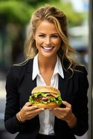 profesional mujer saboreando un gastrónomo hamburguesa aislado en un blanco antecedentes foto