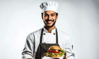 Professional woman savoring a gourmet burger isolated on a white background photo