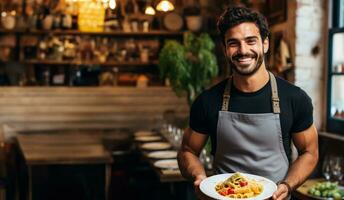 Digital nomad relishes traditional pasta in a quaint Italian cafe photo