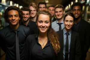 Ai Generative group of happy business man and business women, dressed in suits are smiling, in the office photo