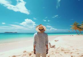 Ai generative back view young tourist man in summer dress and hat standing on beautiful sandy beach. enjoying. photo