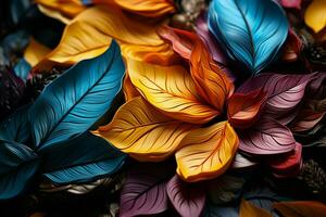 Vibrant leaf design shines in shadowy room, a burst of color and intrigue AI Generated photo