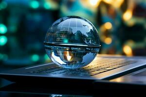 Business concept A glass world atop a laptop, merging technology and commerce AI Generated photo