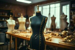 A tailors dummy, fitted with measuring tapes, graces the bustling fashion studio AI Generated photo
