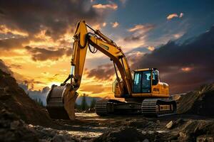 Under a breathtaking sunset, a yellow excavator comes to a halt showcasing tranquility. AI Generated photo