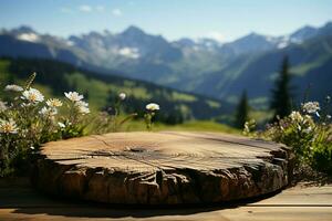 Natural serenity Wooden table on blurred mountain and grass backdrop product display AI Generated photo