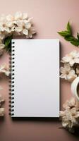 Fresh flowers, coffee, and notepad arranged on a white background Vertical Mobile Wallpaper AI Generated photo